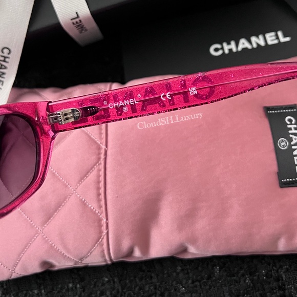 Auth NIB Chanel 71280 Crystal Logo Pink Glitter Rectangle Sunglasses - Picture 8 of 11